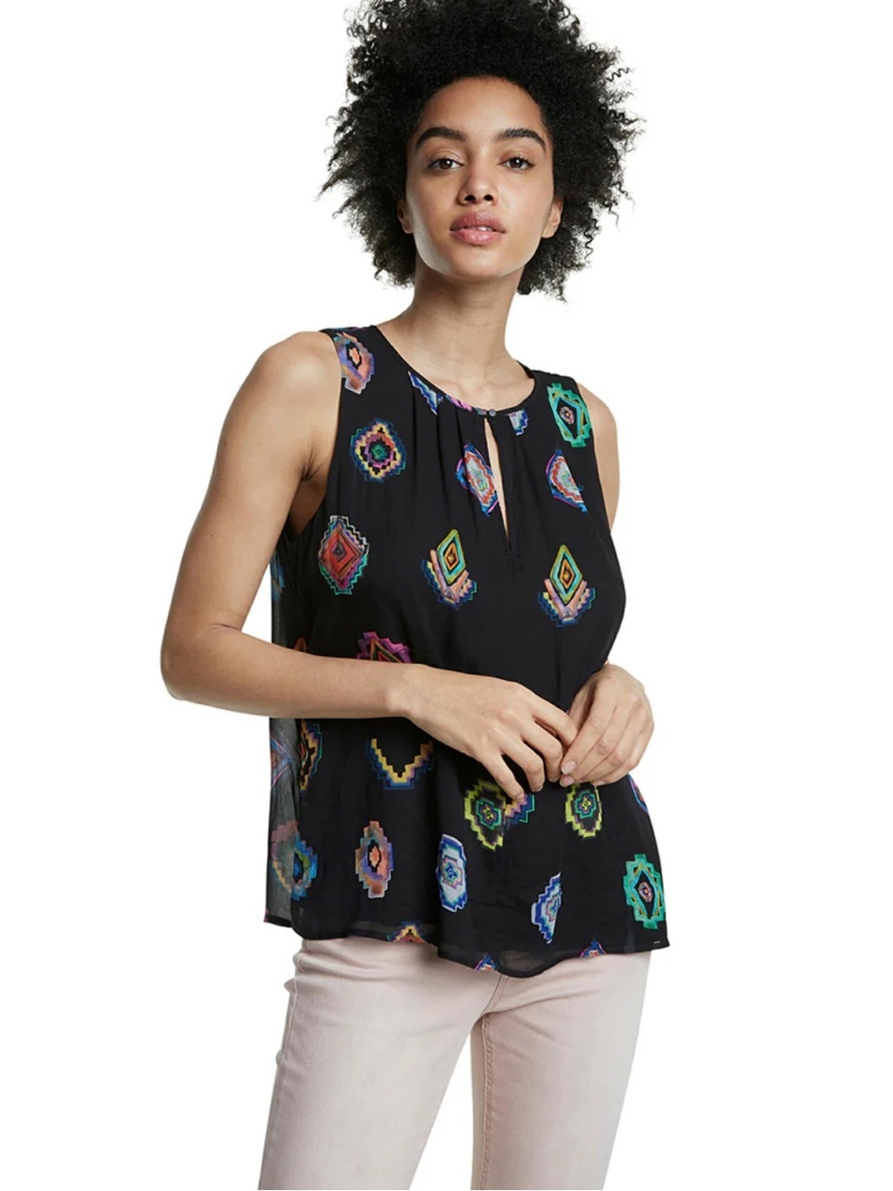 Desigual Julie Sleeveless Blouse Black with Multicoloured Geometric Print